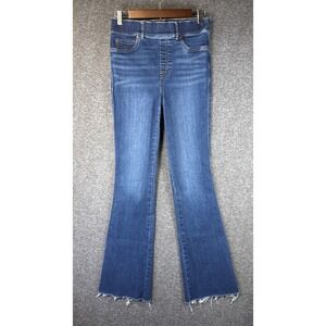 SPANX 20327T Pull On Flare Jeans Dark Wash Frayed Hem Size S Long Inseam 33 Chic